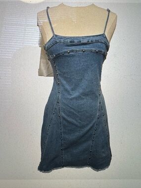 NEW Blue Denim Mini Dress Spaghetti Straps with Studs Size M
